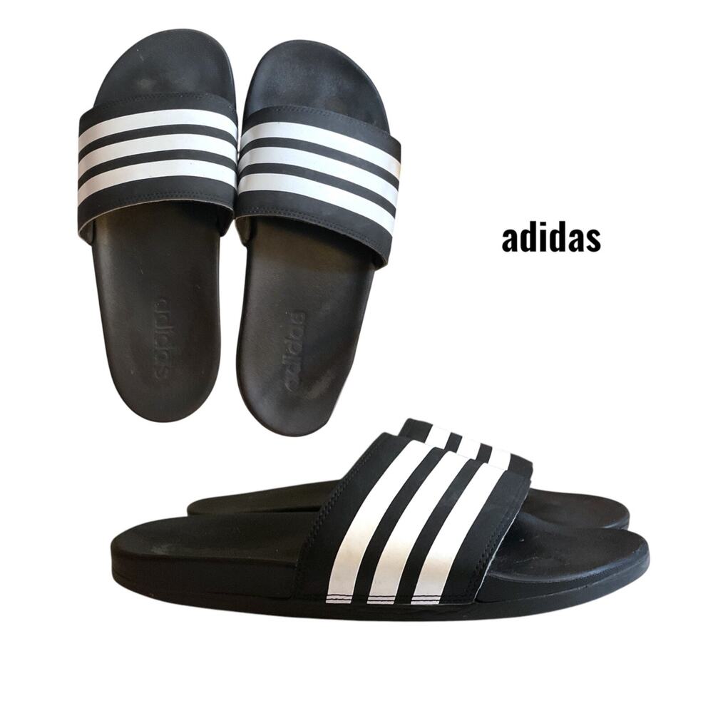 Adidas Sandals Men’s Size 8‎ Black White Striped Slip on Athlete Sport Shower